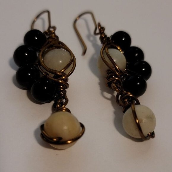 Handmade Wire Wrapped Dangle Earrings – Black & White Beaded Boho Jewelry - Picture 4 of 9